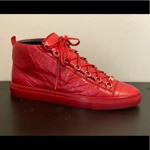 BALENCIAGA ARENA RED LEATHER HIGH TOP SNEAKERS